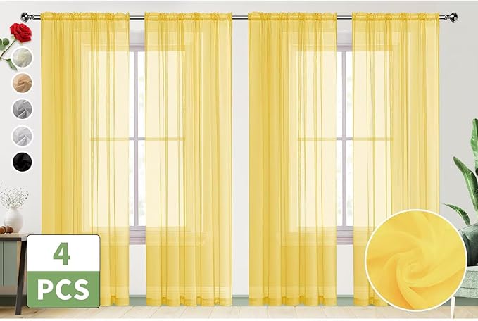 SpaceDresser Yellow Sheer Curtains 4 Panels Rod Pocket Semi-Sheer Curtain 84 Inches Long Light Filtering Voile Window Drapes for Bedroom Living Room Kitchen, Each 52W x 84L