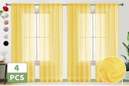 SpaceDresser Yellow Sheer Curtains 4 Panels Rod Pocket Semi-Sheer Curtain 84 Inches Long Light Filtering Voile Window Drapes for Bedroom Living Room Kitchen, Each 52W x 84L