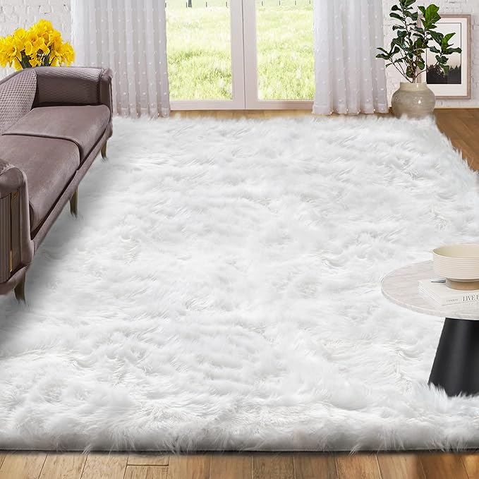 ORINOVA White Shag Rugs for Living Room 9x12 Area Rugs for Bedroom Large Washable Furry Faux Sheepskin Fluffy Fur Rug for Nursery Rectangle Rug