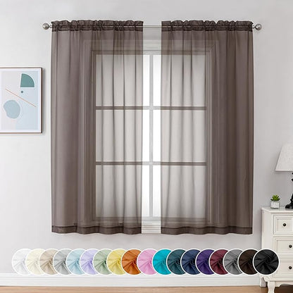 Chyhomenyc Chocolate Brown Sheer Curtains 54 Inch Long 2 Panels, Light Filtering Rod Pocket Voile Short Curtains Drapes for Living Room Bedroom Small Windows, 42Wx54L Inches