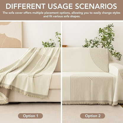 Couch Cover for Dogs, Boho Sofa Covers for 3 Cushion Couch, Chenille Sofa Slipcover for Pets Washable, L-Shape Sectional Couch Loveseat Cover Soft Throw Blankets with Tassels(71x118,Arc Beige)
