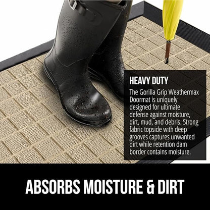 GORILLA GRIP 100% Waterproof All-Season WeatherMAX Doormat US Designed Natural Rubber, Stain and Fade Resistant, Low Profile Indoor Outdoor Door Mats, Easy Clean Patio Mat, 29x17, Taupe Grid