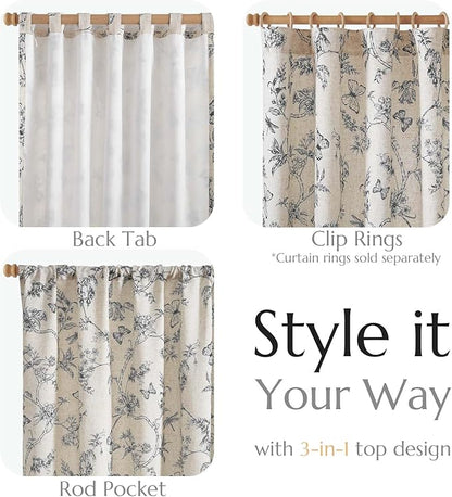 jinchan Floral Curtains Lined Linen Blend Curtain for Living Room 96 Inch Length Black Farmhouse Flower Patterned Curtain French Country Curtains Drapes Back Tab Rod Pocket 2 Panels