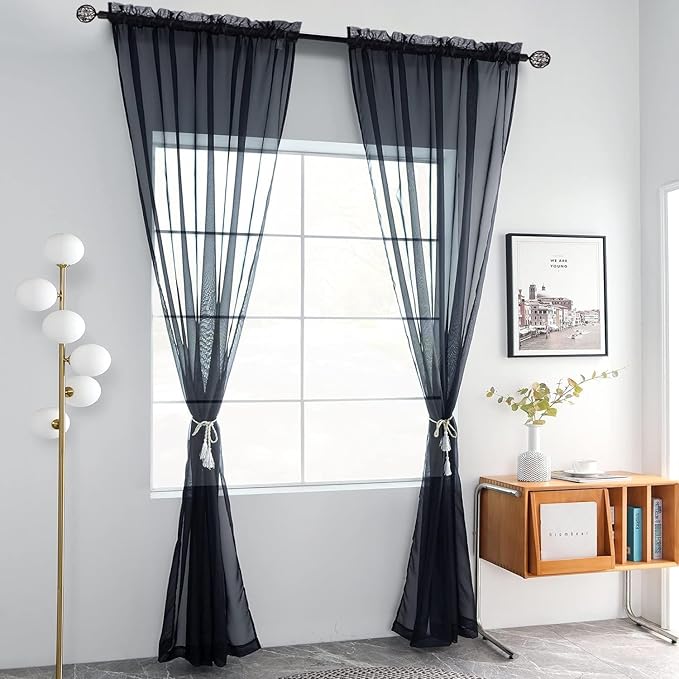 youleyar Solid Sheer Rod Pocket Curtain Voile Draperies 2 Panels White Beige Black Grey Coffee 52 Inch Width 54 Inch Long 1 Pair for Kitchen Bedroom Children Living Room Yard(Charcoal Grey,52Wｘ54L)