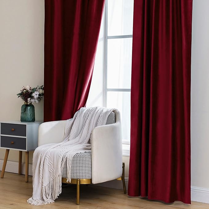 MIULEE Velvet Curtains 108 inches Long 2 Panels - Luxury Blackout Curtains for Bedroom Living Room Thermal Insulated Super Soft Christmas Decor Window Drapes Rod Pocket & Back Tab, Burgundy Red