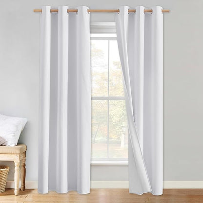 NICETOWN 100% Absolutely Blackout Linen Curtains with Thermal Insulated White Liner, White, 34 inches Wide, 80 inches Length Energy Saving Curtains for Living Room 2 Panels Set, Vertical Blinds