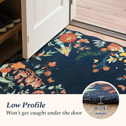 Rugflix 2x6 Runner Rug for Hallway, Washable Kitchen Runner Non Slip, Soft Low Pile Entryway Carpet, Vintage Floral Stain Resistant Long Laundry Room Rugs for Bedroom, Stairs