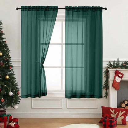 Green Sheer Curtains 63 Inch Length 2 Panels, Soft Voile Sheer Curtains for Christmas, Breathable Light Filtering Window Treatments, Dual Rod Pocket Panels, Hunter Green, 2x42Wx63L Inches