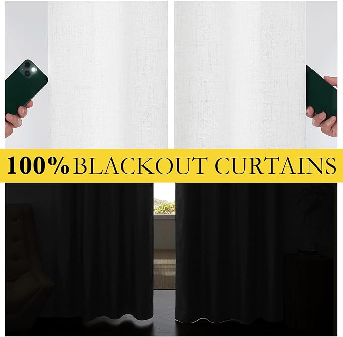 NICETOWN 100% Absolutely Blackout Linen Curtains with Thermal Insulated Liner, Greyish White, 52" Wide, 90" Length Energy Saving Curtains for Living Room 2 Panels Set, Vertical Blinds