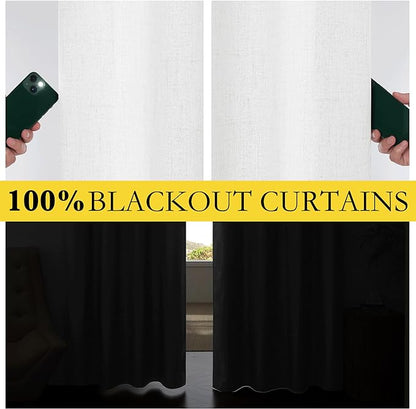 NICETOWN 100% Absolutely Blackout Linen Curtains with Thermal Insulated Liner, Greyish White, 52" Wide, 90" Length Energy Saving Curtains for Living Room 2 Panels Set, Vertical Blinds