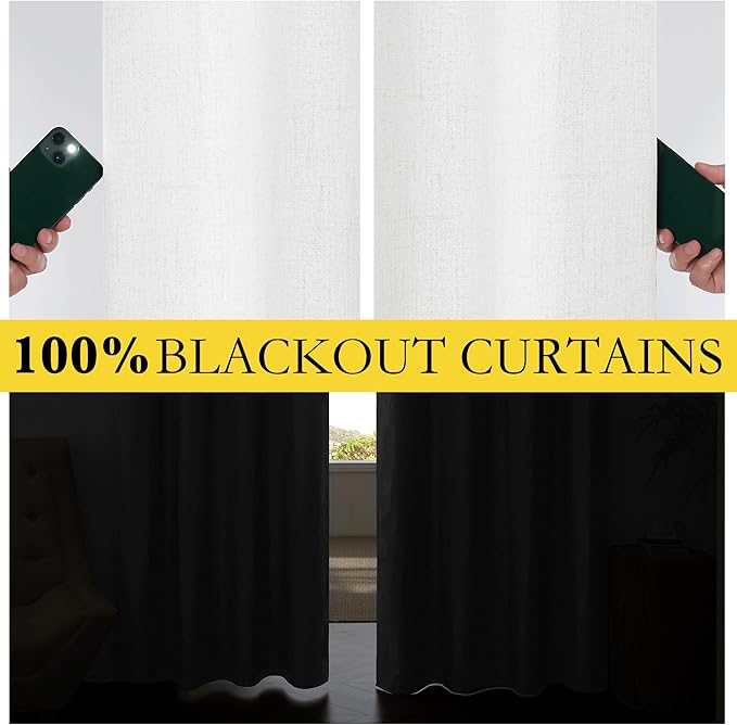 NICETOWN 100% Absolutely Blackout Linen Curtains with Thermal Insulated Grey Liner, Greyish White, 52 inches Wide, 84 inches Length Energy Saving Curtains for Living Room 2 Panels Set, Vertical Blinds