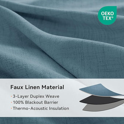 100% Blackout Shield Linen Blackout Curtains for Bedroom, Stone Blue Grommet Curtains for Living Room, Thermal Insulated Room Darkening Drapes for Nursery, Boho Home Decor, 50" W x 96" L, 2 Panels