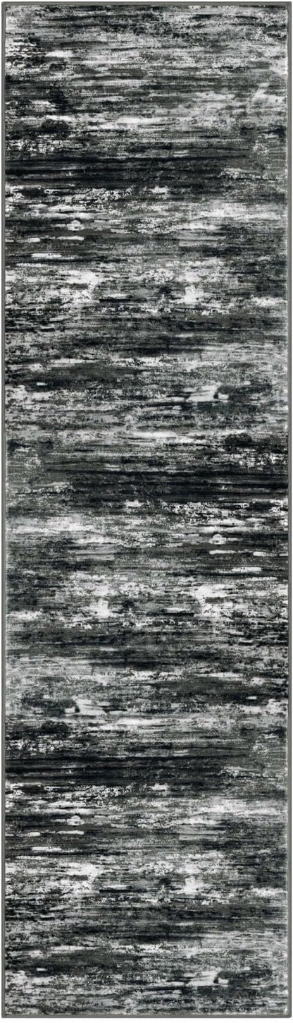 KOZYFLY Modern Abstract Washable Rug Runner 2x7 Hallway Runner Rug Non-Slip Soft Kitchen Runner Rugs, Print Black Grey Striped Carpet Runner for Entryway Bathroom Laundry Room Foyer
