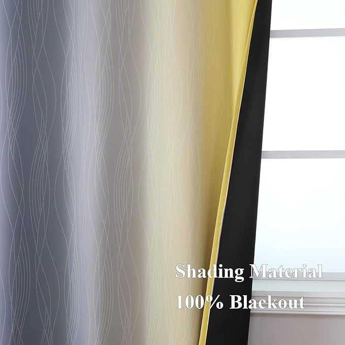 Estelar Textiler Ombre Grey and Yellow Blackout Curtains 72 Inch Length 2 Panels, Full Light Blocking Curtains for Living Room,Grommet Thermal Insulated Gradient Drapes for Bedroom, 42x72 Inch