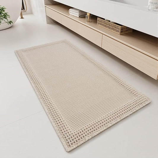 RESARE Waffle Bathroom Runner Rugs, Super Absorbent Bath Mat Non Slip Washable Quick Dry, Upgraded Ultra Soft Boho Bath Rugs with Tassels for Hallway Bedroom Laundry Room, 2'x4'(24"x48"), Pale Beige