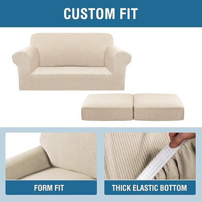 H.VERSAILTEX 3 Piece Stretch Sofa Covers for 2 Cushion Loveseat Couch Covers for Living Room Sofa Slipcovers (Base Cover Plus 2 Seat Cushion Covers) Thicker Jacquard Fabric(Medium Sofa, Natural)