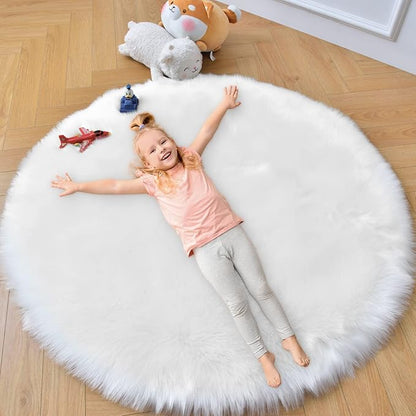 duduta White Faux Sheepskin Round Rug 4x4 ft, Fluffy Shag Fur Bedroom Nursery Kids Playroom Rug Dorm Decor Non Slip Washable