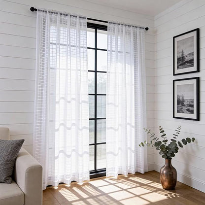 SpaceDresser Check Sheer Curtains 72 Inches Long for Living Room, Rod Pocket Plaid Semi Sheer Drapes for Kitchen Bedroom（White, 52W x 72L）