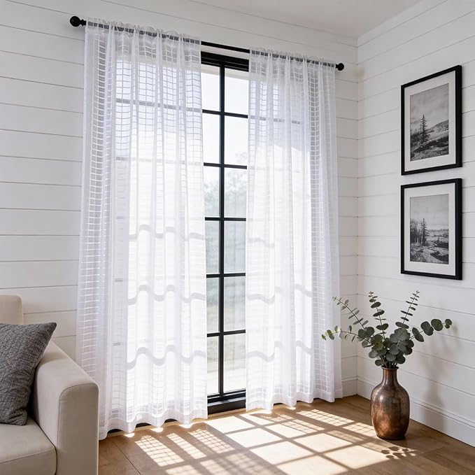 SpaceDresser Check Sheer Curtains 108 Inches Long for Living Room, Rod Pocket Plaid Semi Sheer Drapes for Kitchen Bedroom（White, 52W x 108L）