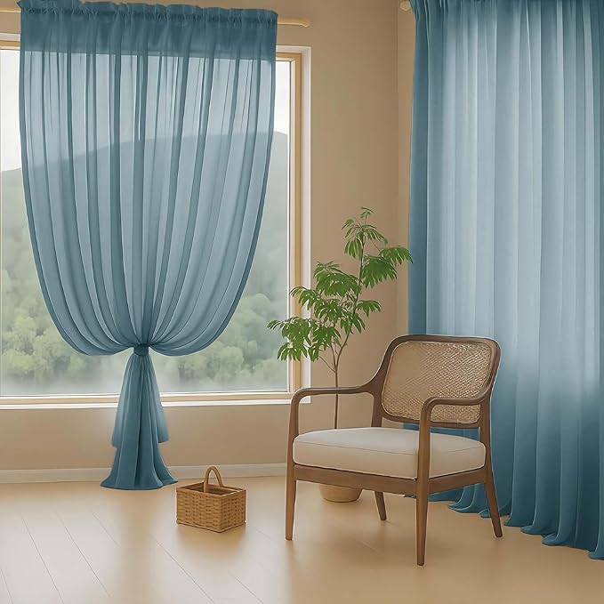 Dusty Blue Sheer Curtains 90 Inches Long 2 Panels, Light Filtering Solid Sheer Curtains for Bedroom Living Room, Lightweight Soft Airy Voile Sheer Drapes, Dual Rod Pocket, 2x42Wx90L Inches
