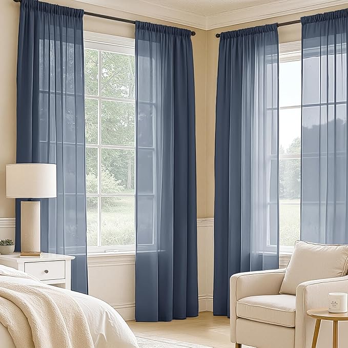 MIULEE Navy Blue Sheer Curtains 63 Inches Long, 4 Panels Set, Light Filtering Rod Pocket Voile Drapes Window Treatments, Semi Transparent Airy Fabric for Bedroom and Living Room, 42 x 63 Inches