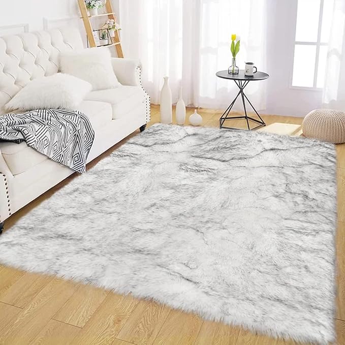 Latepis 6 x 8 Area Rug White with Gray Tips Shag Rugs Large Faux Sheepskin Rug for Living Room Bedroom Washable Fur Fluffy Rugs Home Decor Rectangle
