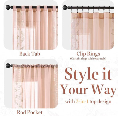 jinchan Belrose Pink Floral Sheer Curtains for Bedroom 63 Inch Long Voile Embroidered Farmhouse Curtains for Living Room Ivory Flower Patterned Rod Pocket Window Treatments, 2 Panels Pink