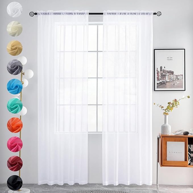 youleyar Sheer Rod Pocket Curtain Voile Draperies 2 Panels White Beige Black Grey Coffee 52 Inch Width 45 Inch Long 1 Pair for Kitchen Bedroom Children Living Room Yard (Optical White,52Wｘ45L)