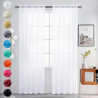 youleyar Sheer Rod Pocket Curtain Voile Draperies 2 Panels White Beige Black Grey Coffee 52 Inch Width 45 Inch Long 1 Pair for Kitchen Bedroom Children Living Room Yard (Optical White,52Wｘ45L)