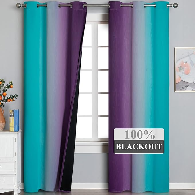 Teal Blackout Curtains 84 Inches Long, Ombre Purple Blackout Curtains for Bedroom, Grommet Thermal Insulated Gradient Drapes, Full Light Blocking Curtains for Kids Room,42x84 Inch, 2 Panels