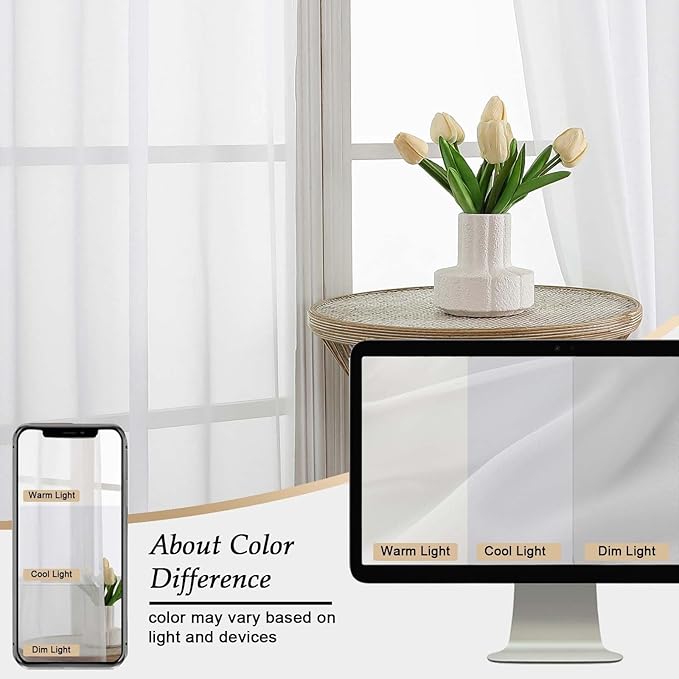 White Sheer Curtains 84 Inches Long 2 Panels Set for Bedroom Living Room, Soft Airy Light Filtering Modern Solid Rod Pocket Drapes Window Treatments, White, Each 59" W x 84" L