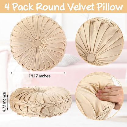 Kathfly Set of 4 Decorative Round Pleated Throw Pillows, Classy Velvet Pumpkin Round Throw Pillows, Decorative Floor Pillow for Bed Chair Home Sofa Decor, 14" Diameter(Multicolor)