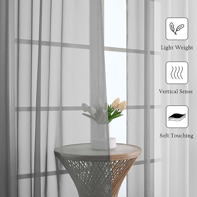 Lecloud Charcoal Grey Sheer Curtains 63 Inch Length 2 Panels, Rod Pocket Light Filtering Bedroom Curtains for Living Room, Window Treatments Voile Drapes for Bathroom, Each Panel 59" W x 63" L