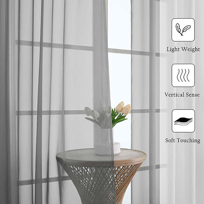 Lecloud Charcoal Grey Sheer Curtains 63 Inch Length 2 Panels, Rod Pocket Light Filtering Bedroom Curtains for Living Room, Window Treatments Voile Drapes for Bathroom, Each Panel 59" W x 63" L