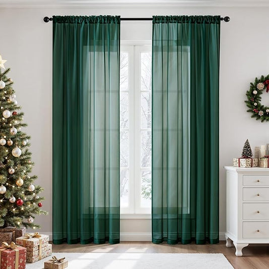 MIULEE 2 Panels Christmas Solid Color Sheer Window Curtains Elegant Window Voile Panels/Drapes/Treatment for Bedroom Living Room (54X54 Inches Hunter Green)