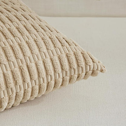 Fancy Homi 4 Packs Tan Decorative Throw Pillow Covers 16x24 Inch for Living Room Couch Bed Sofa, Beige Rustic Farmhouse Boho Home Decor, Soft Plush Striped Corduroy Square Cushion Case 40x60 cm