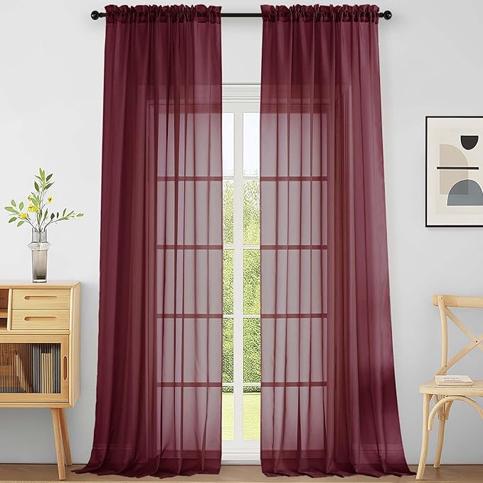 Extra Wide Sheer Curtains for Windows 108 inches Long, Lightweight Light Filtering Soft Drapes for Living Room Bedroom, Dual Rod Pocket Sheer Curtains, 2x59Wx108L inches, Burgundy, 9FT, 2PCS