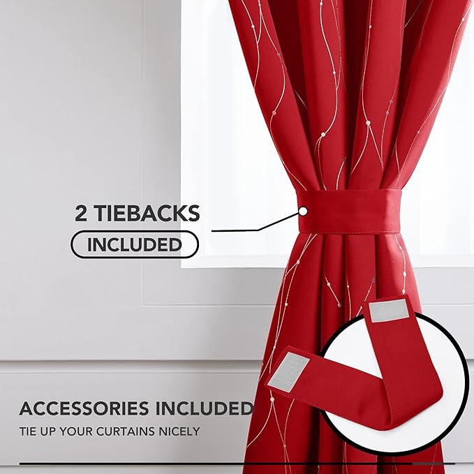 Deconovo Christmas Curtains, Red Drapes, Blackout Curtain, Thermal Insulated Soundproof Drape, Wave Line Dot Foil Print, 52 x 72 Inch, 2 Panels, Machine‑Washable Window Panel for Party Living Room