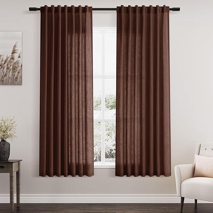 Rustic Brown Linen Curtains 63 Inches Long 2 Panel Sets for Living Room Bedroom Rod Pocket Back Tab Light Filtering Drape for Kitchen Window Short Protect Privacy Curtain Modern Farmhouse Decor 52x63