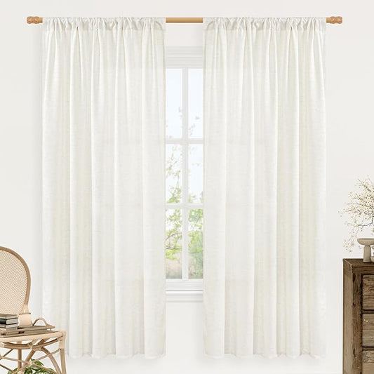 LAMIT Natural Linen Curtains 72 inch Length for Bedroom, Faux Linen Textured Light Filtering Drapes Rod Pocket Boho Window Treatment Panels for Farmhouse/Living Room, 2 Panels, 52 x 72 Inch