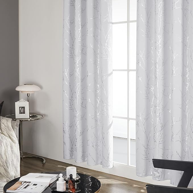 Deconovo Greyish White Curtains, Room Darkening Short Curtain, Thermal Insulated Soundproof Drapes, Silver Branch Print, 42 x 45 Inch, Grommet Window Panel for Small Windows Bedroom Kitchen, Set of 2
