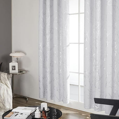 Deconovo Greyish White Curtains, Room Darkening Curtain, Thermal Insulated Soundproof Drapes, Silver Branch Print, 42 x 54 Inch Long, Grommet Window Panels for Living Room Bedroom Kitchen, Set of 2