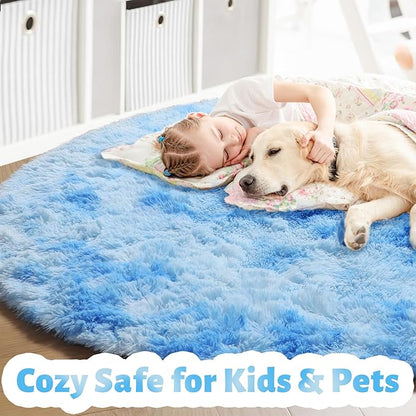 Amdrebio Tie-Dyed Light Blue Round Circle Rug 5Ft for Girls Bedroom, Soft Cute Fluffy Area Rugs for Boys, Kids Room Decor, Plush Shaggy Fuzzy Stitch Carpet for Baby Nursery Playroom Classroom Dorm