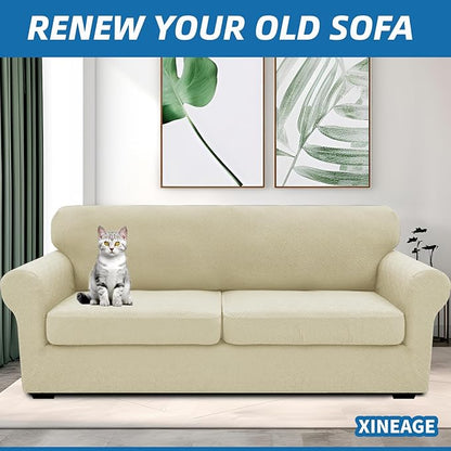 XINEAGE New 3 Pieces Couch Covers for 2 Extra Large Cushion Sofa Super Stretch Sofa Cover for 2 Large Seat Universal Loveseat Slip Cover for Living Room (Light Beige), 71"-91"(2 Cushions)