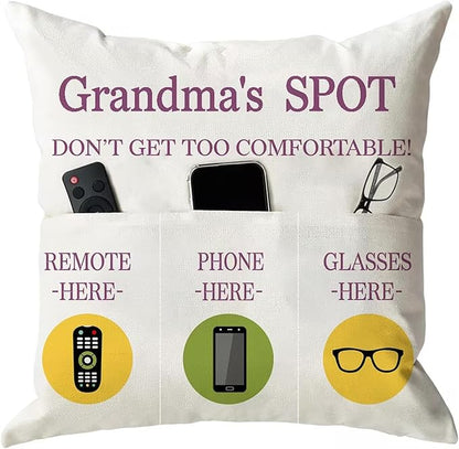ONFAON Grandma Gifts, Grandma's Spot Throw Pillow Covers 18x18 Inch,Put Phone Glasses and Remote Control Pillowcase,Birthday Christmas Thanksgiving Day Gifts for Grandma Mom,3-Pocket