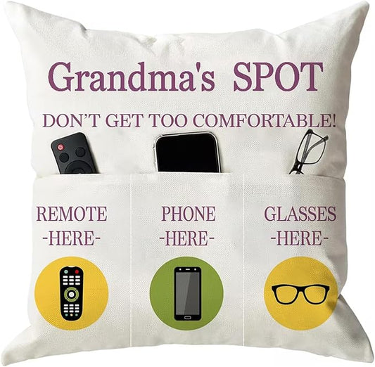 ONFAON Grandma Gifts, Grandma's Spot Throw Pillow Covers 18x18 Inch,Put Phone Glasses and Remote Control Pillowcase,Birthday Christmas Thanksgiving Day Gifts for Grandma Mom,3-Pocket