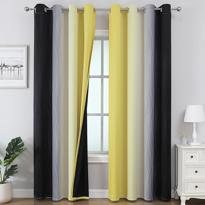 Estelar Textiler Black and Yellow Gradient Blackout Curtains for Bedroom, Thermal Insulated Ombre Blackout Drapes, Full Light Blocking Energy Saving Curtains for Living Room, 52Wx108L, 2 Panels