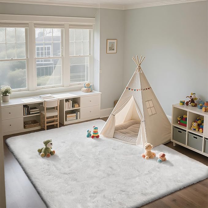Shag Area Rugs for Bedroom Living Room,5X8 Ultra Soft White Fluffy Area Rugs for Dorm, Indoor Carpet Nursery Rugs for Kids Room Home Decor,White