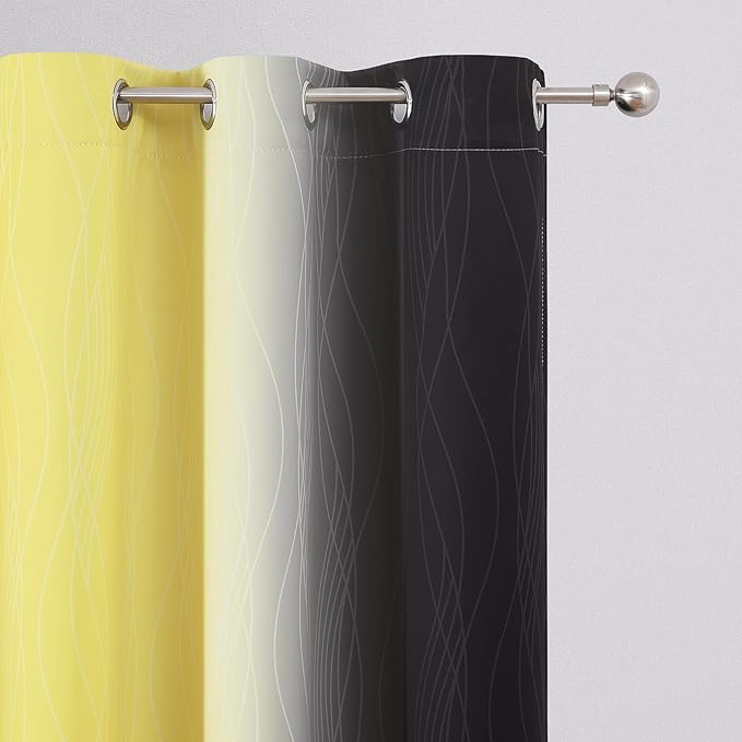 Estelar Textiler Black and Yellow Blackout Curtains for Living Room, Full Room Darkening Ombre Curtains for Bedroom, Thermal Insulated Light Blocking Gradient Grommet Drapes, 42Wx63L, 2 Panels