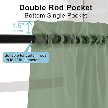 OWENIE Short Sheer Curtains 30 Inches 2 Panels Set, Kitchen Tiers Light Filtering Rod Pocket Cafe Curtains for Kitchen Bathroom Small Half Window, 42 in W x 30 in L, Sage Green